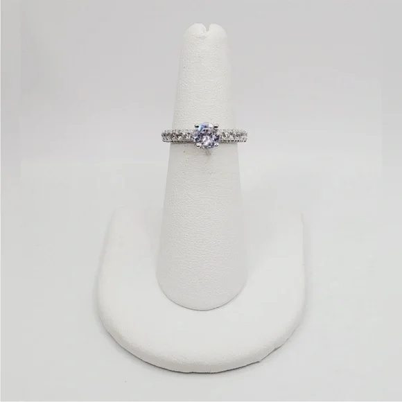 Round Cut Diamond Simulants Silver Tone Pave Engagement Ring